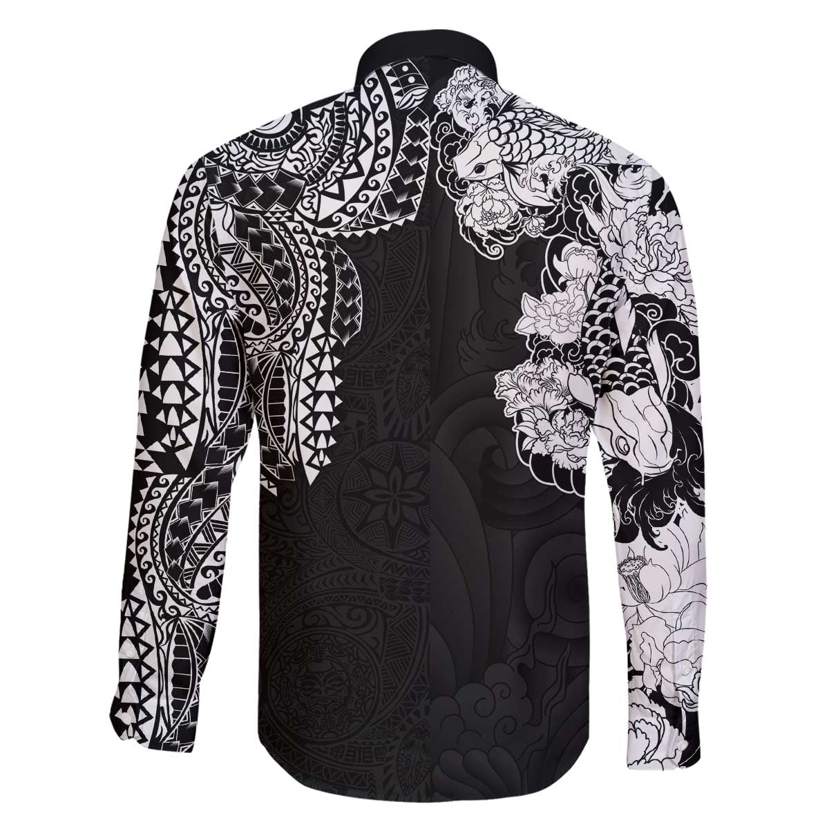 Japanese Irezumi and Hawaiian Polynesian Art Tattoo Family Matching Off The Shoulder Long Sleeve Dress and Hawaiian Shirt Black Color - Polynesian Pride