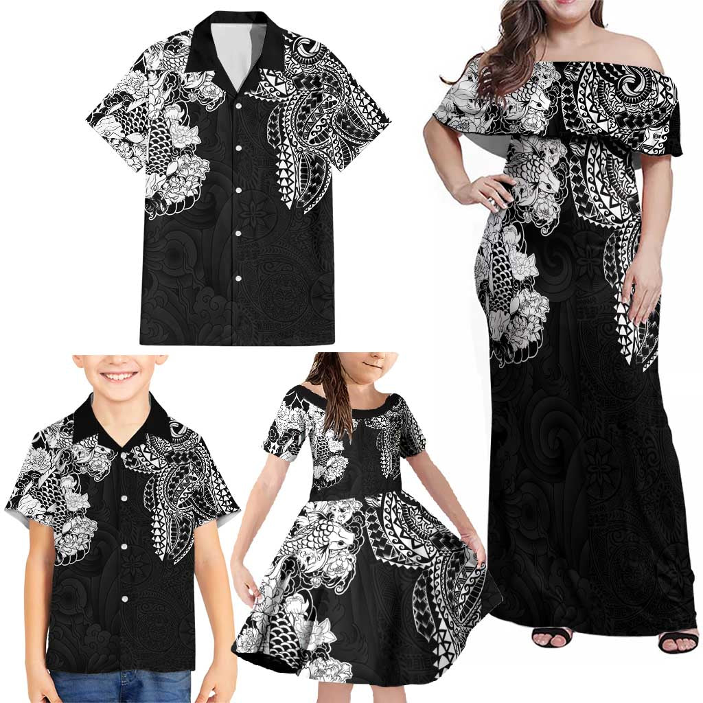 Japanese Irezumi and Hawaiian Polynesian Art Tattoo Family Matching Off Shoulder Maxi Dress and Hawaiian Shirt Black Color - Polynesian Pride