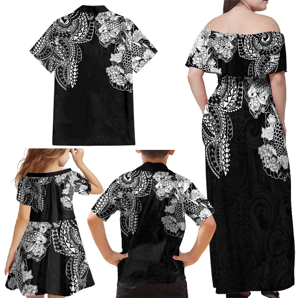 Japanese Irezumi and Hawaiian Polynesian Art Tattoo Family Matching Off Shoulder Maxi Dress and Hawaiian Shirt Black Color - Polynesian Pride