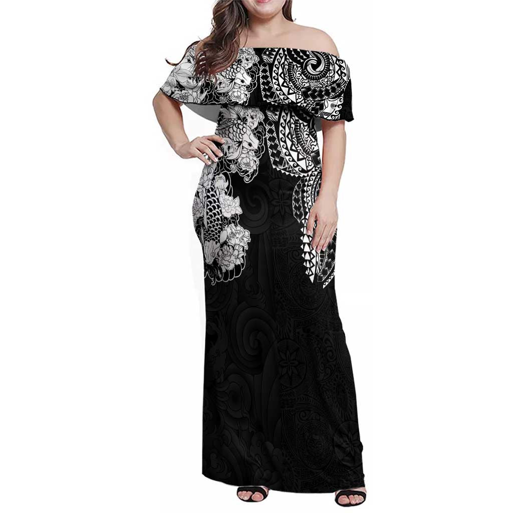 Japanese Irezumi and Hawaiian Polynesian Art Tattoo Family Matching Off Shoulder Maxi Dress and Hawaiian Shirt Black Color - Polynesian Pride