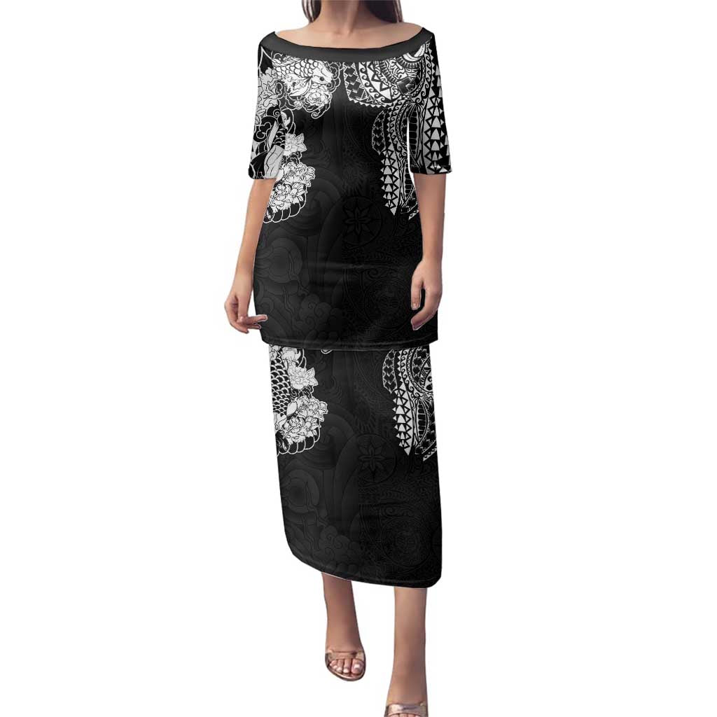 Japanese Irezumi and Hawaiian Polynesian Art Tattoo Family Matching Puletasi and Hawaiian Shirt Black Color - Polynesian Pride