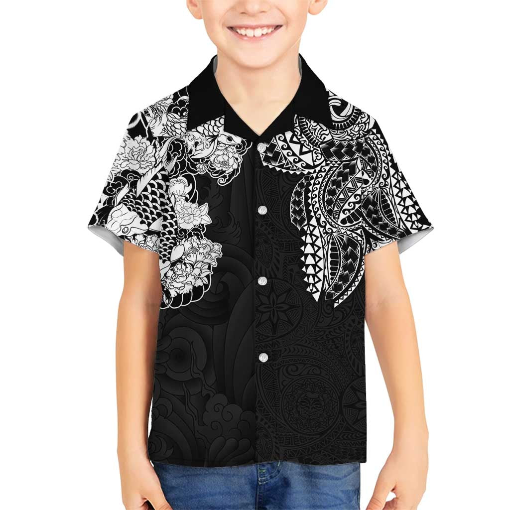 Japanese Irezumi and Hawaiian Polynesian Art Tattoo Family Matching Puletasi and Hawaiian Shirt Black Color - Polynesian Pride