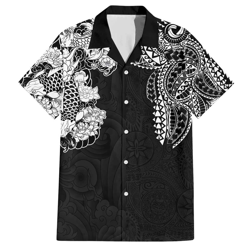 Japanese Irezumi and Hawaiian Polynesian Art Tattoo Family Matching Short Sleeve Bodycon Dress and Hawaiian Shirt Black Color - Polynesian Pride