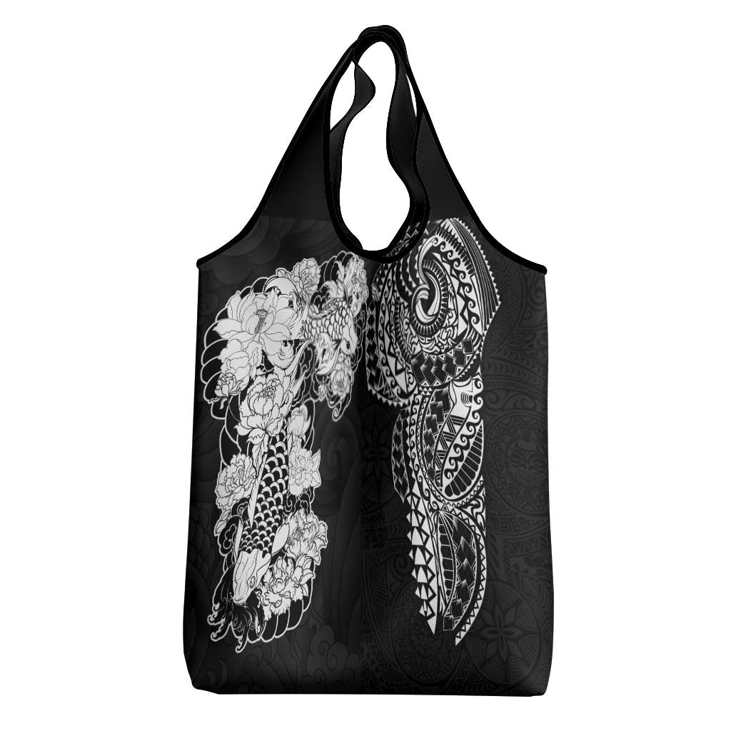 Japanese Irezumi and Hawaiian Polynesian Art Tattoo Grocery Bag Black Color - Polynesian Pride