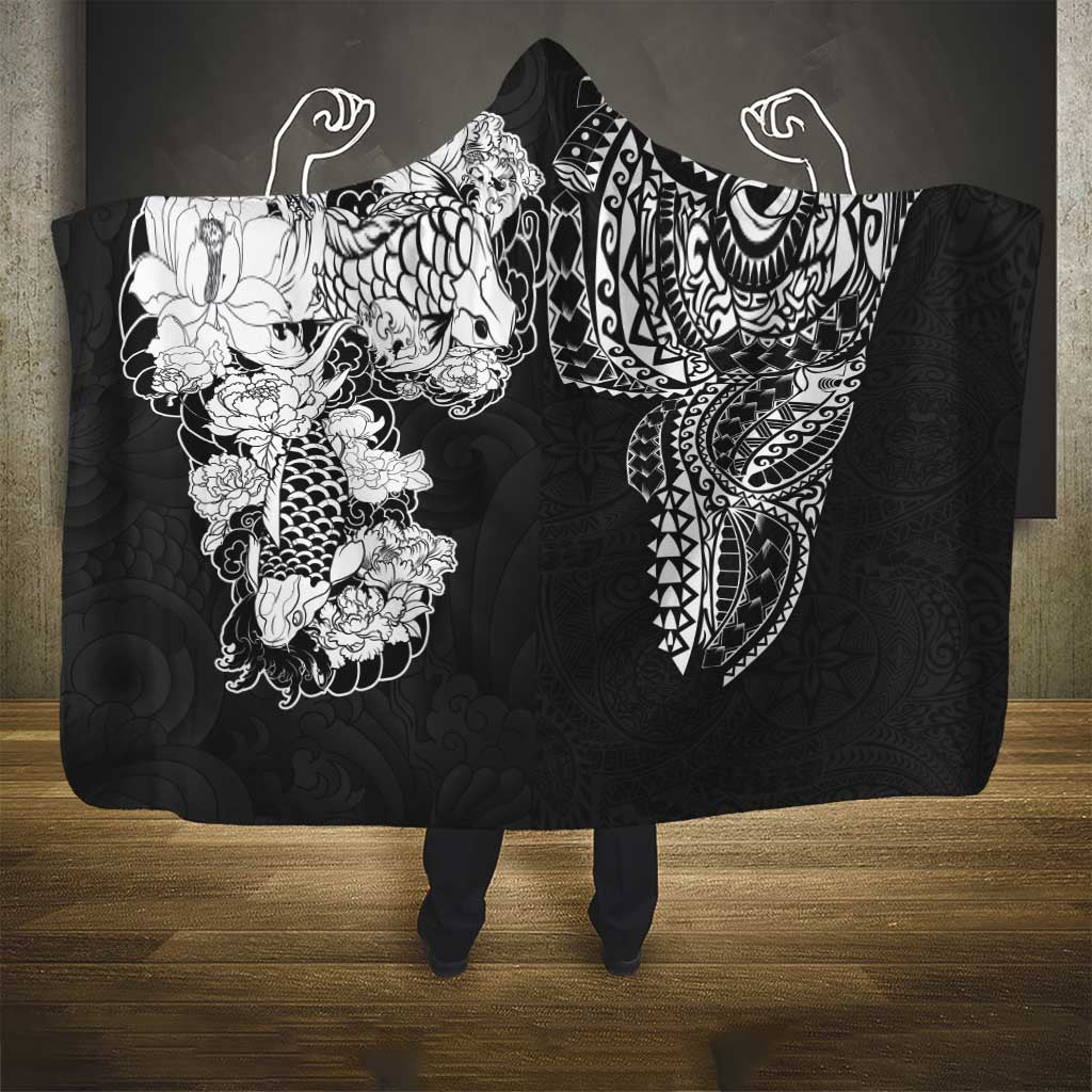 Japanese Irezumi and Hawaiian Polynesian Art Tattoo Hooded Blanket Black Color - Polynesian Pride