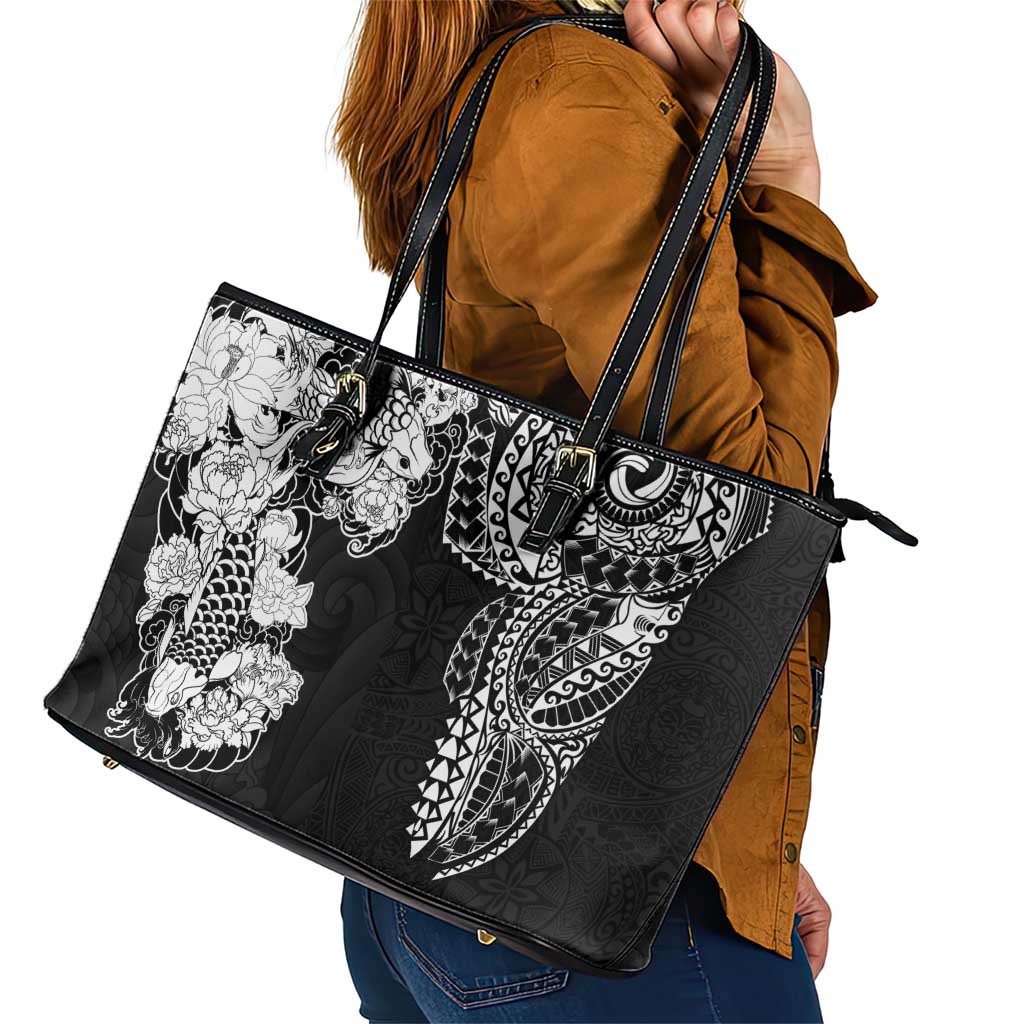 Japanese Irezumi and Hawaiian Polynesian Art Tattoo Leather Tote Bag Black Color - Polynesian Pride