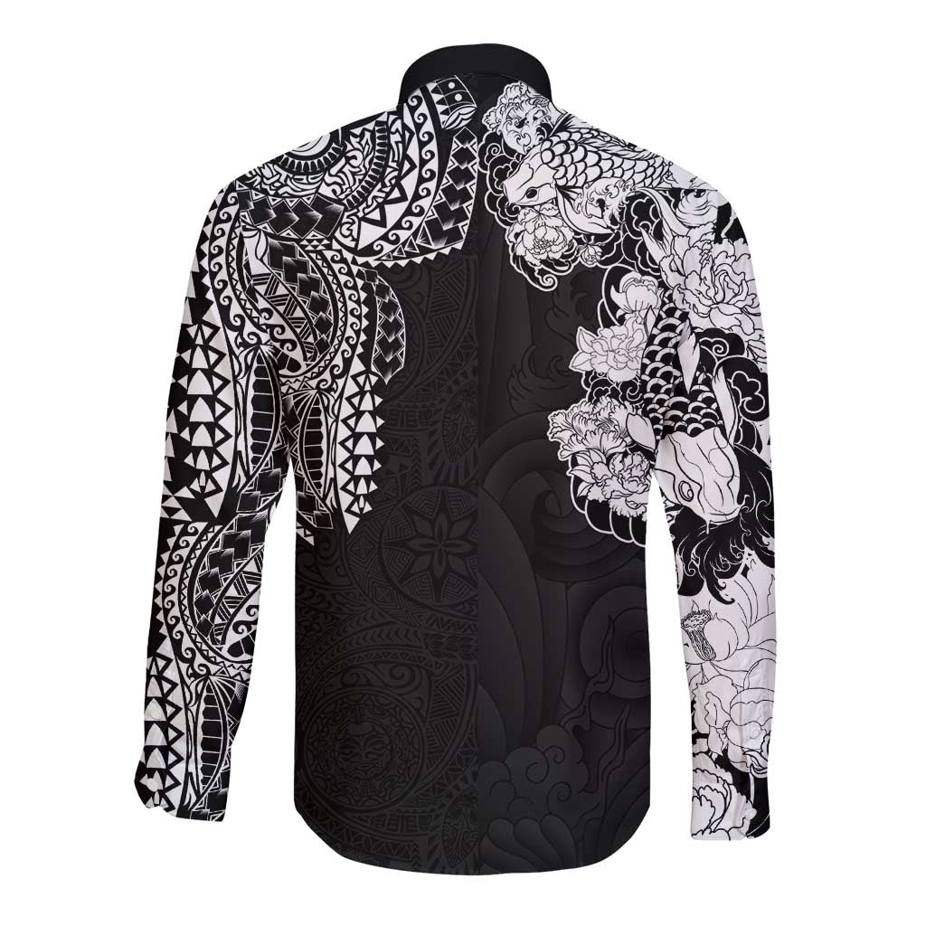 Japanese Irezumi and Hawaiian Polynesian Art Tattoo Long Sleeve Button Shirt Black Color - Polynesian Pride