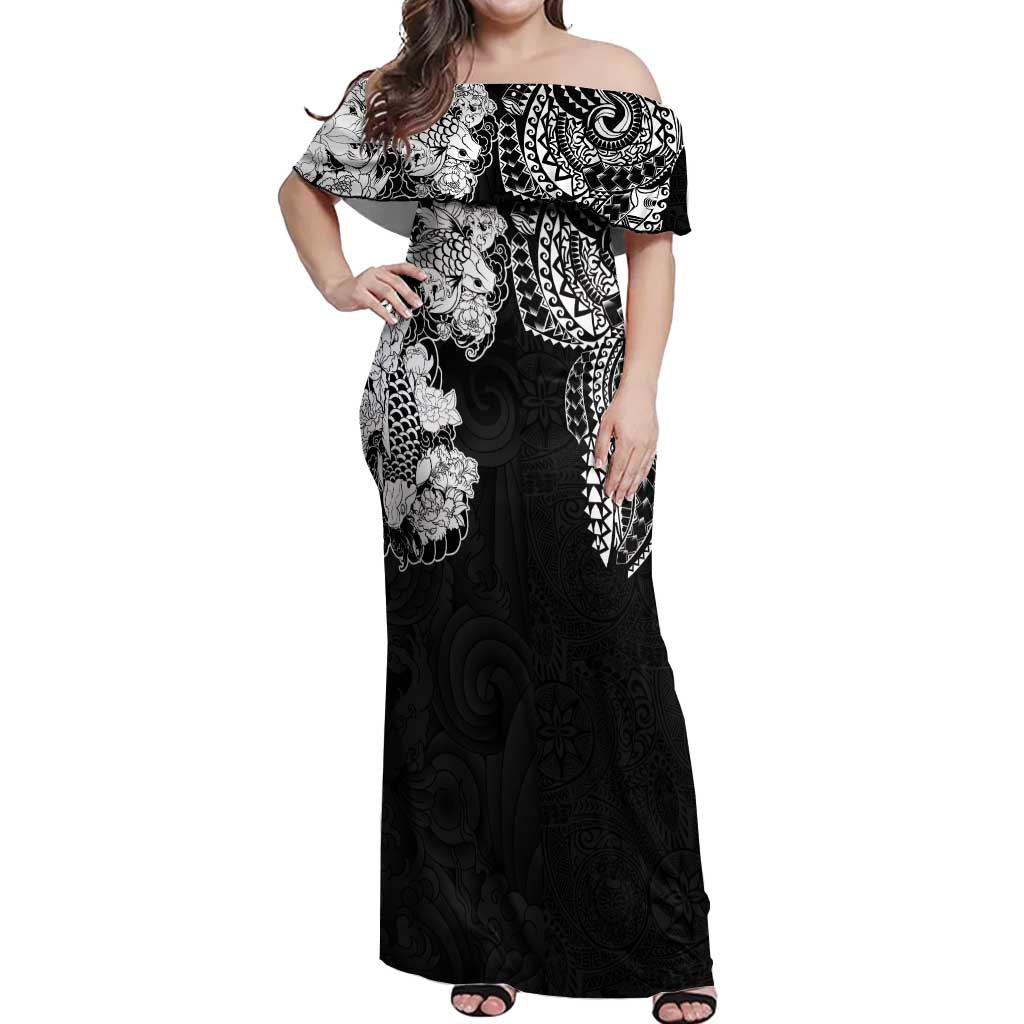 Japanese Irezumi and Hawaiian Polynesian Art Tattoo Off Shoulder Maxi Dress Black Color - Polynesian Pride
