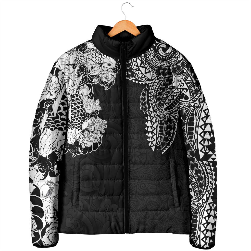 Japanese Irezumi and Hawaiian Polynesian Art Tattoo Padded Jacket Black Color - Polynesian Pride