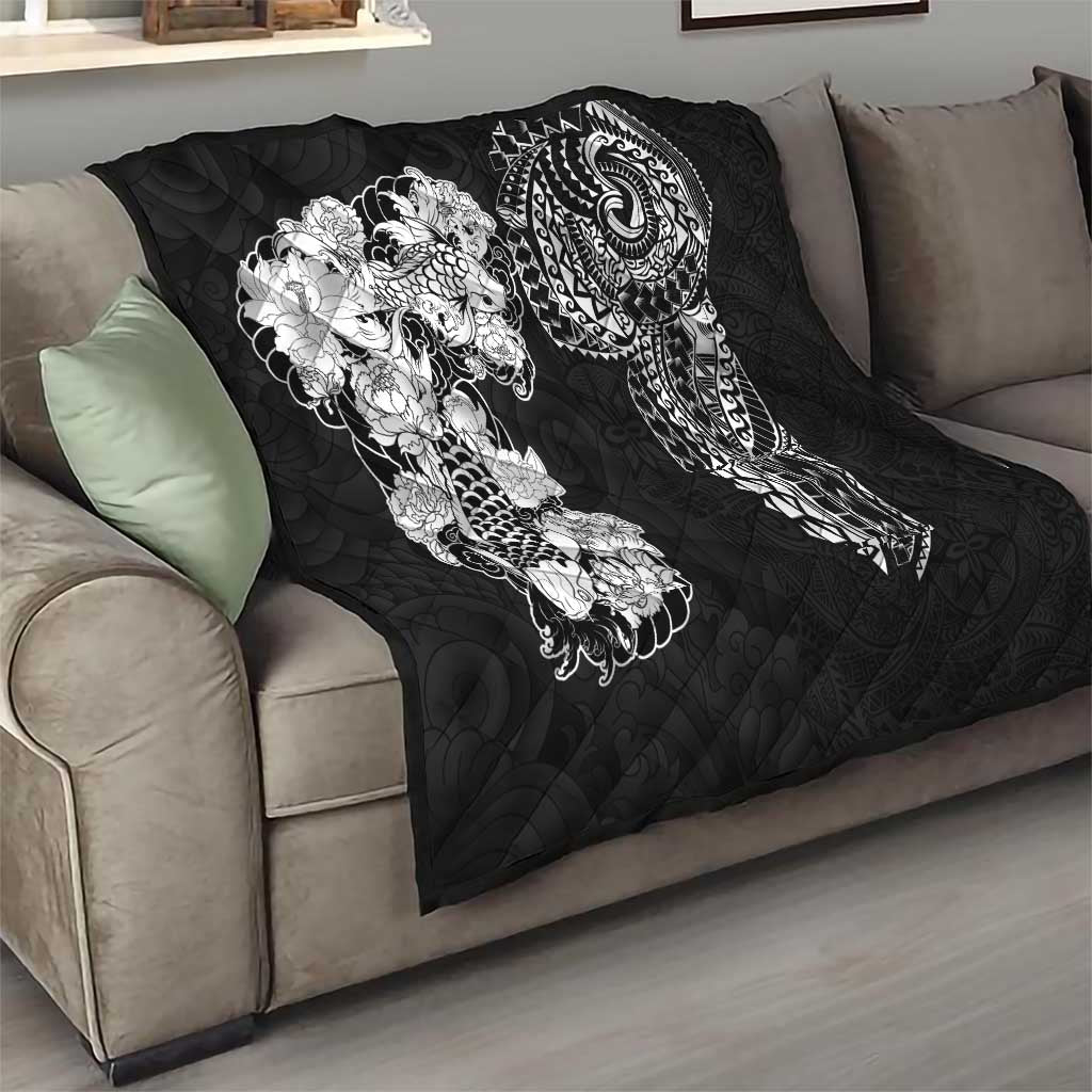 Japanese Irezumi and Hawaiian Polynesian Art Tattoo Quilt Black Color - Polynesian Pride