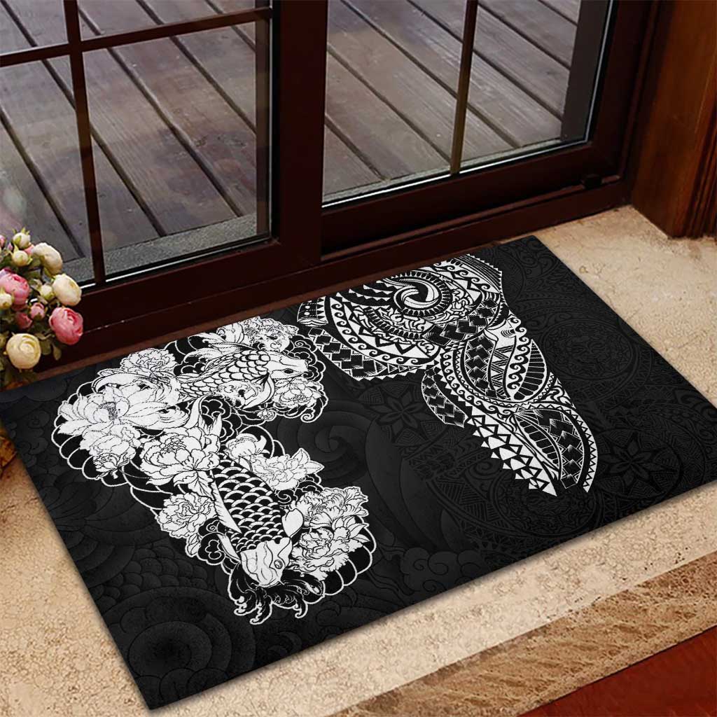 Japanese Irezumi and Hawaiian Polynesian Art Tattoo Rubber Doormat Black Color - Polynesian Pride