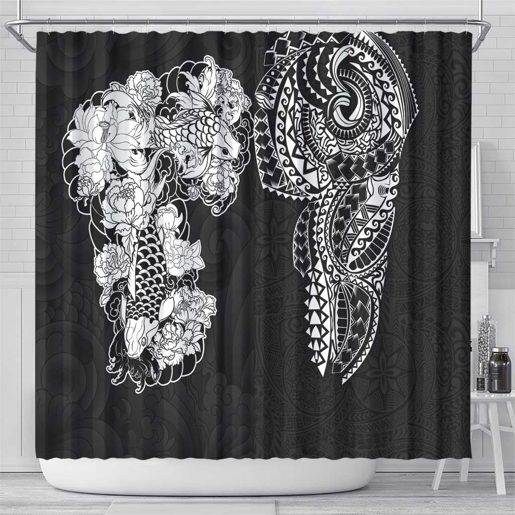 Japanese Irezumi and Hawaiian Polynesian Art Tattoo Shower Curtain Black Color - Polynesian Pride