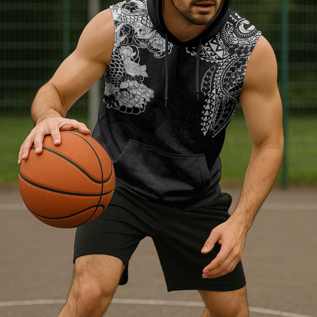 Japanese Irezumi and Hawaiian Polynesian Art Tattoo Sleeveless Hoodie Black Color - Polynesian Pride
