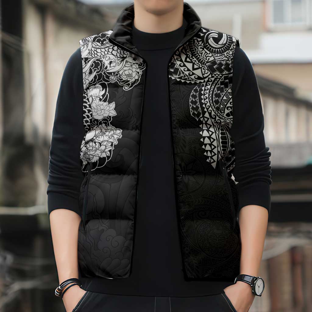 Japanese Irezumi and Hawaiian Polynesian Art Tattoo Sleeveless Puffer Jacket Black Color - Polynesian Pride