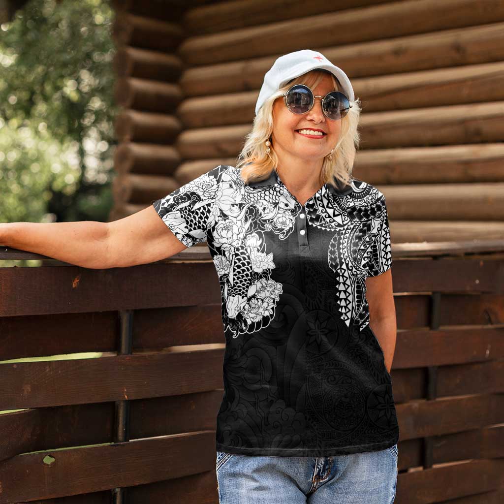 Japanese Irezumi and Hawaiian Polynesian Art Tattoo Women Polo Shirt Black Color - Polynesian Pride