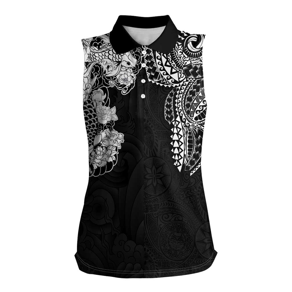 Japanese Irezumi and Hawaiian Polynesian Art Tattoo Women Sleeveless Polo Shirt Black Color - Polynesian Pride