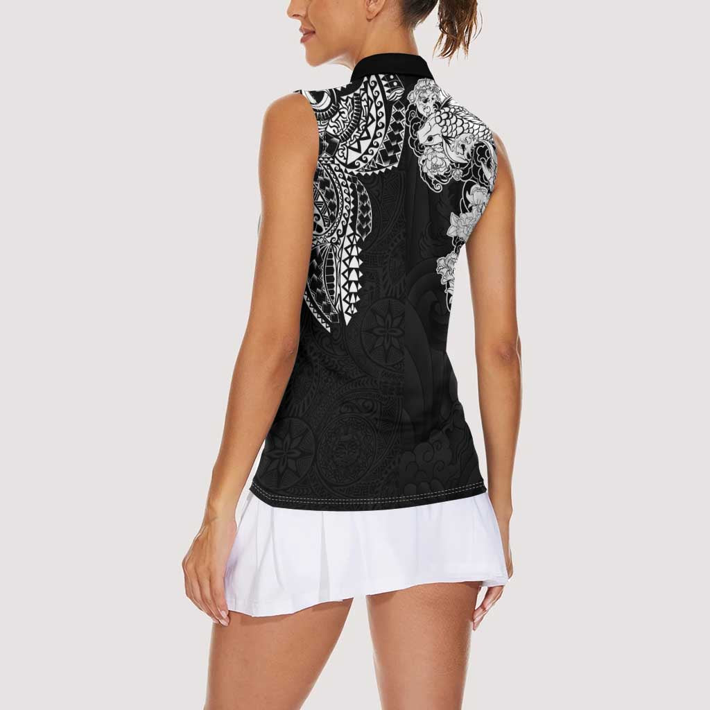 Japanese Irezumi and Hawaiian Polynesian Art Tattoo Women Sleeveless Polo Shirt Black Color - Polynesian Pride