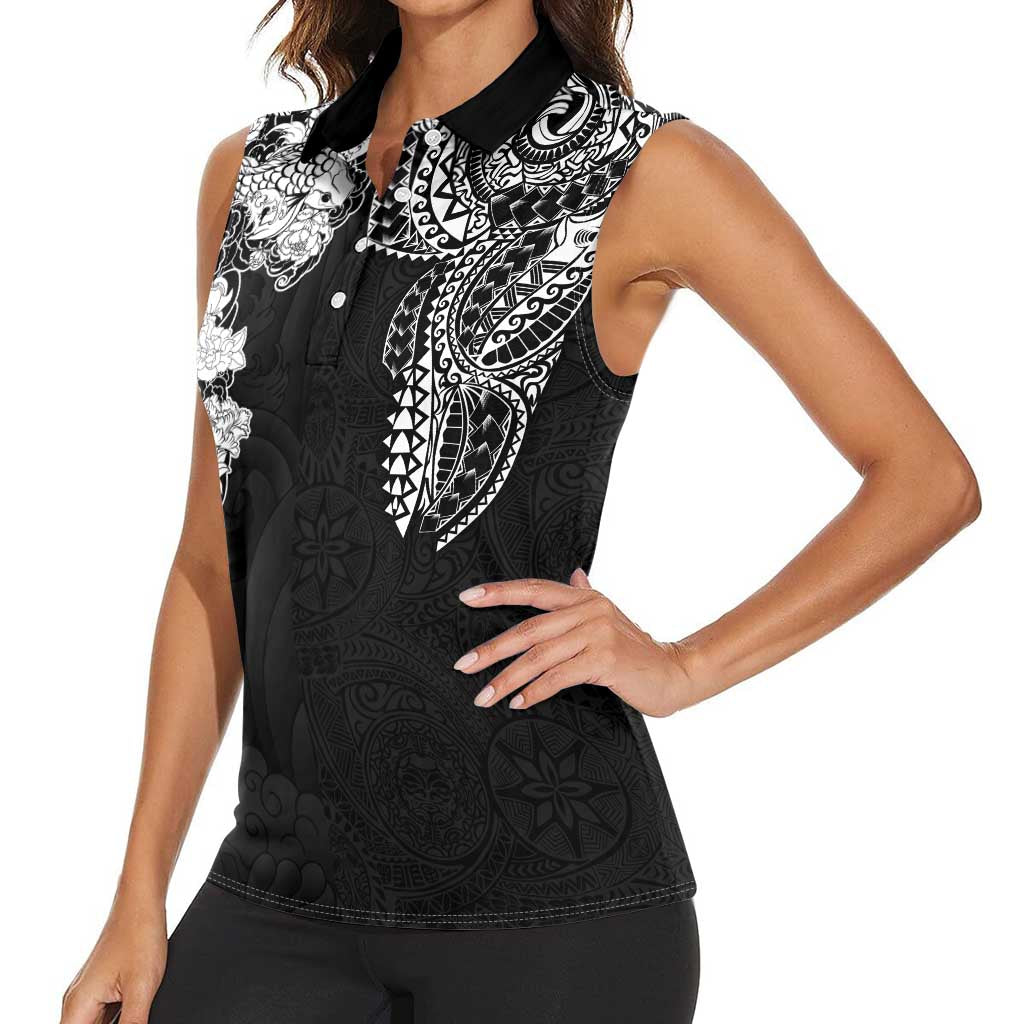 Japanese Irezumi and Hawaiian Polynesian Art Tattoo Women Sleeveless Polo Shirt Black Color - Polynesian Pride
