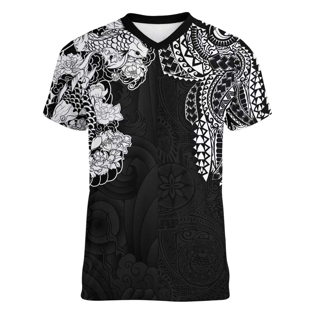 Japanese Irezumi and Hawaiian Polynesian Art Tattoo Women V-Neck T-Shirt Black Color - Polynesian Pride