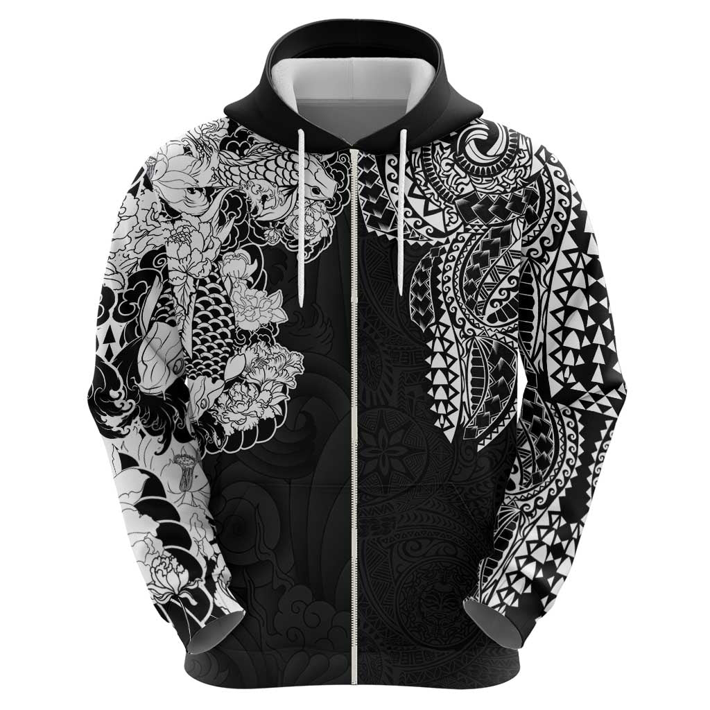 Japanese Irezumi and Hawaiian Polynesian Art Tattoo Zip Hoodie Black Color - Polynesian Pride