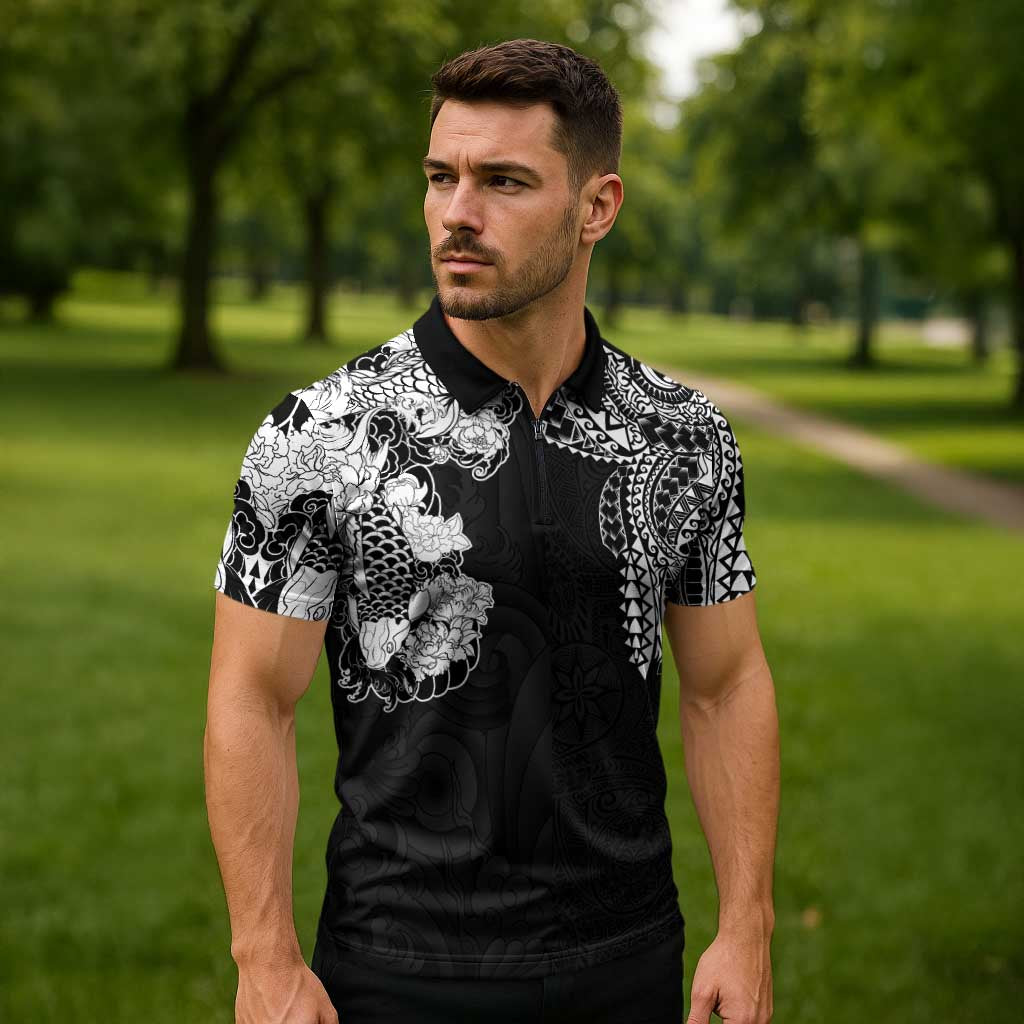 Japanese Irezumi and Hawaiian Polynesian Art Tattoo Zipper Polo Shirt Black Color - Polynesian Pride