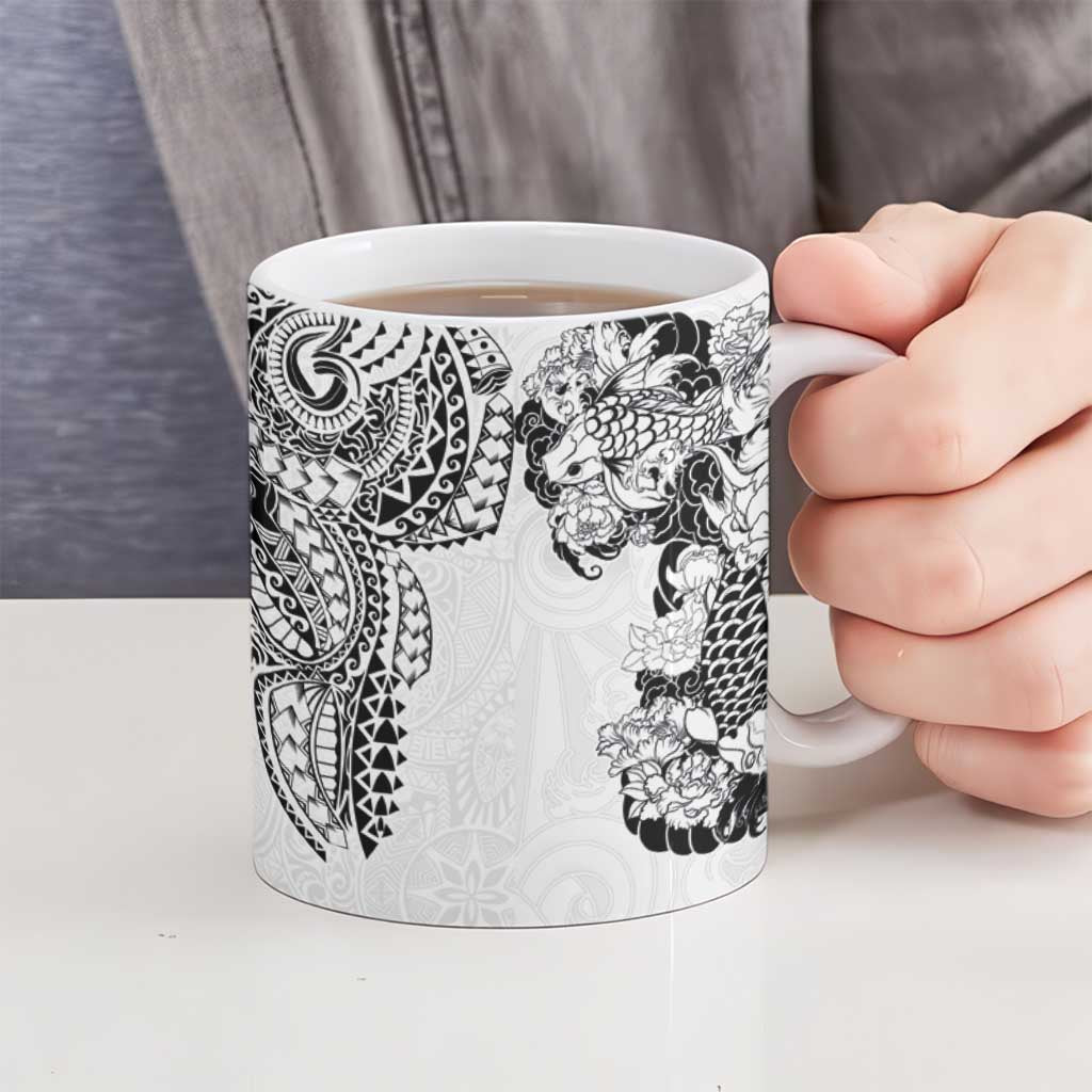 Japanese Irezumi and Hawaiian Polynesian Art Tattoo Ceramic Mug White Color - Polynesian Pride