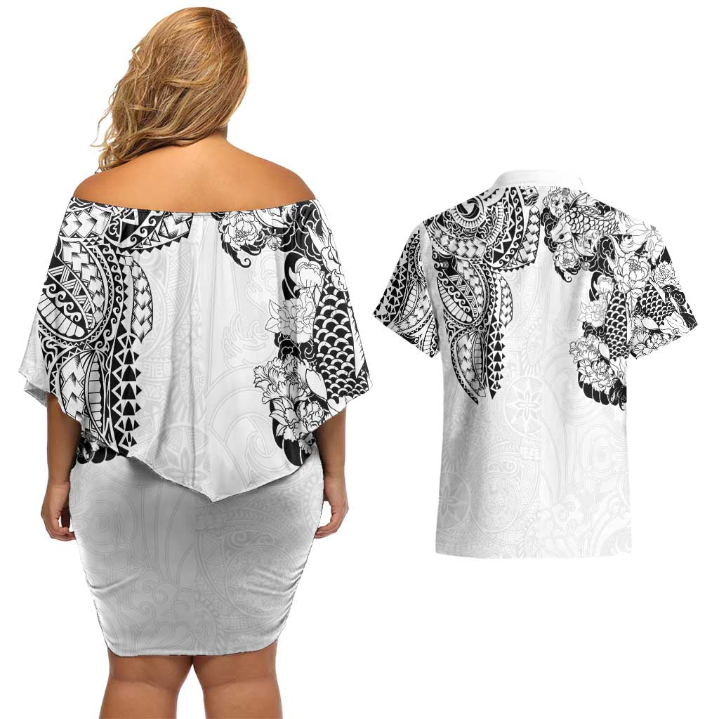 Japanese Irezumi and Hawaiian Polynesian Art Tattoo Couples Matching Off Shoulder Short Dress and Hawaiian Shirt White Color - Polynesian Pride