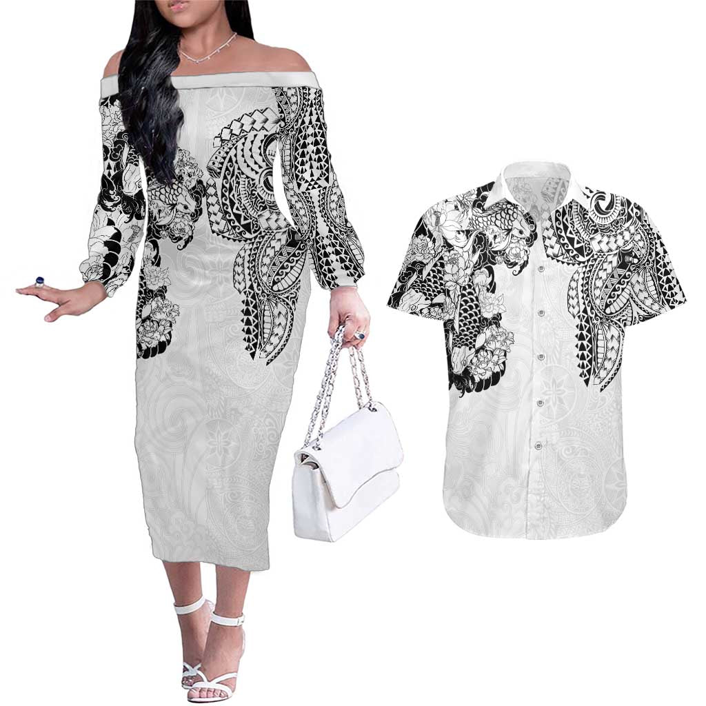 Japanese Irezumi and Hawaiian Polynesian Art Tattoo Couples Matching Off The Shoulder Long Sleeve Dress and Hawaiian Shirt White Color - Polynesian Pride