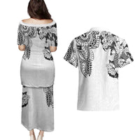 Japanese Irezumi and Hawaiian Polynesian Art Tattoo Couples Matching Puletasi and Hawaiian Shirt White Color - Polynesian Pride