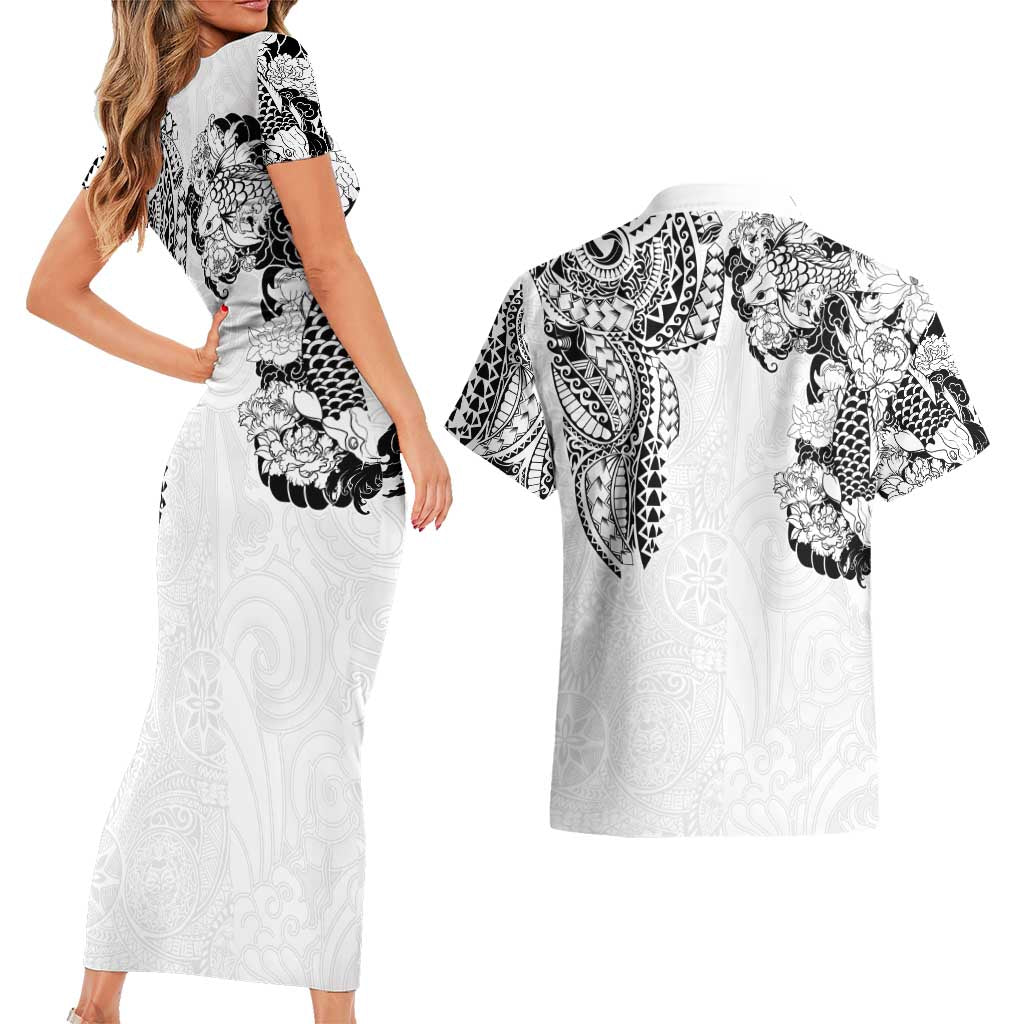 Japanese Irezumi and Hawaiian Polynesian Art Tattoo Couples Matching Short Sleeve Bodycon Dress and Hawaiian Shirt White Color - Polynesian Pride