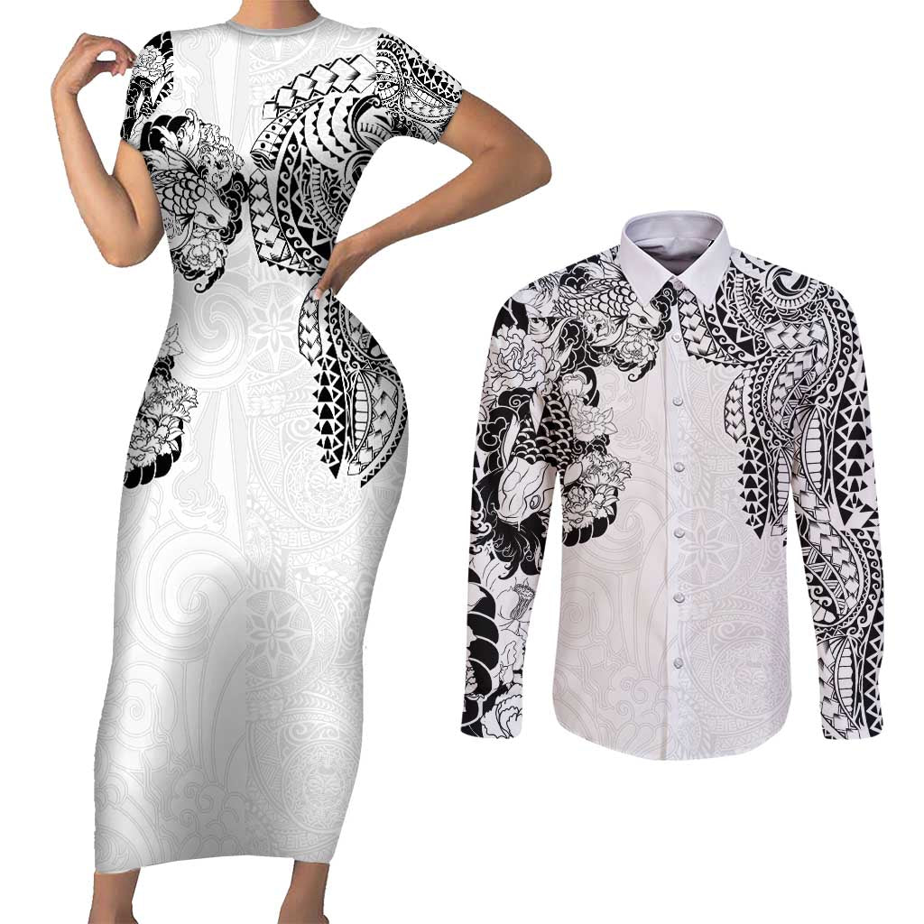 Japanese Irezumi and Hawaiian Polynesian Art Tattoo Couples Matching Short Sleeve Bodycon Dress and Long Sleeve Button Shirt White Color - Polynesian Pride