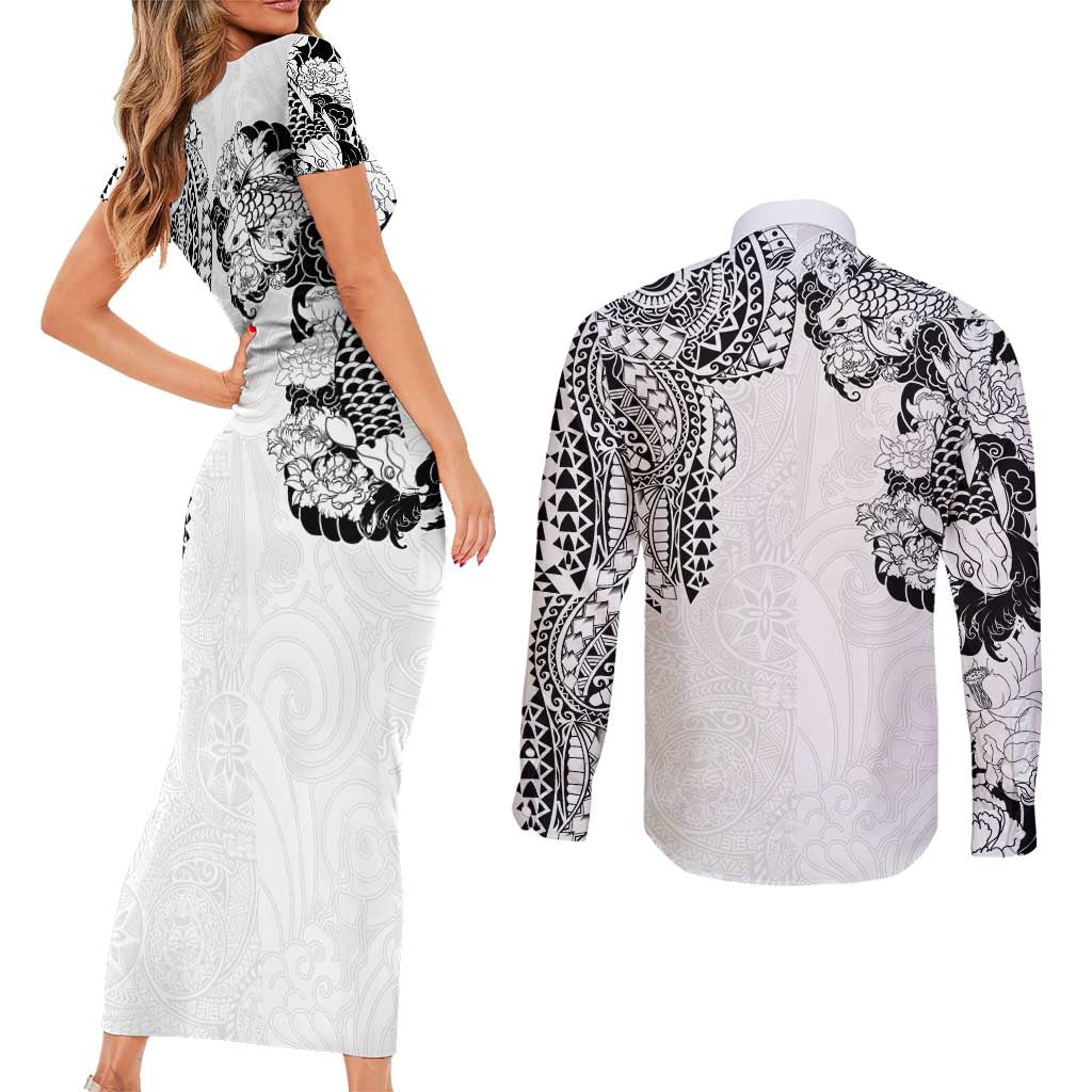 Japanese Irezumi and Hawaiian Polynesian Art Tattoo Couples Matching Short Sleeve Bodycon Dress and Long Sleeve Button Shirt White Color - Polynesian Pride