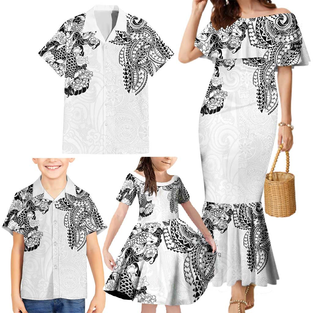 Japanese Irezumi and Hawaiian Polynesian Art Tattoo Family Matching Mermaid Dress and Hawaiian Shirt White Color - Polynesian Pride