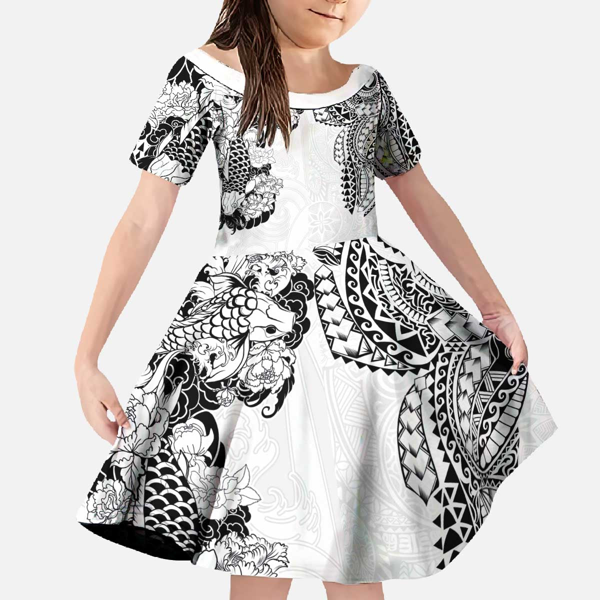 Japanese Irezumi and Hawaiian Polynesian Art Tattoo Family Matching Off The Shoulder Long Sleeve Dress and Hawaiian Shirt White Color - Polynesian Pride