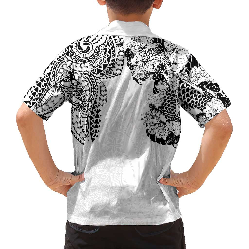 Japanese Irezumi and Hawaiian Polynesian Art Tattoo Family Matching Off Shoulder Maxi Dress and Hawaiian Shirt White Color - Polynesian Pride