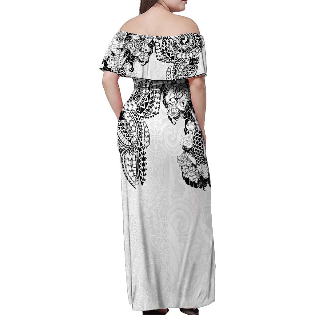 Japanese Irezumi and Hawaiian Polynesian Art Tattoo Family Matching Off Shoulder Maxi Dress and Hawaiian Shirt White Color - Polynesian Pride