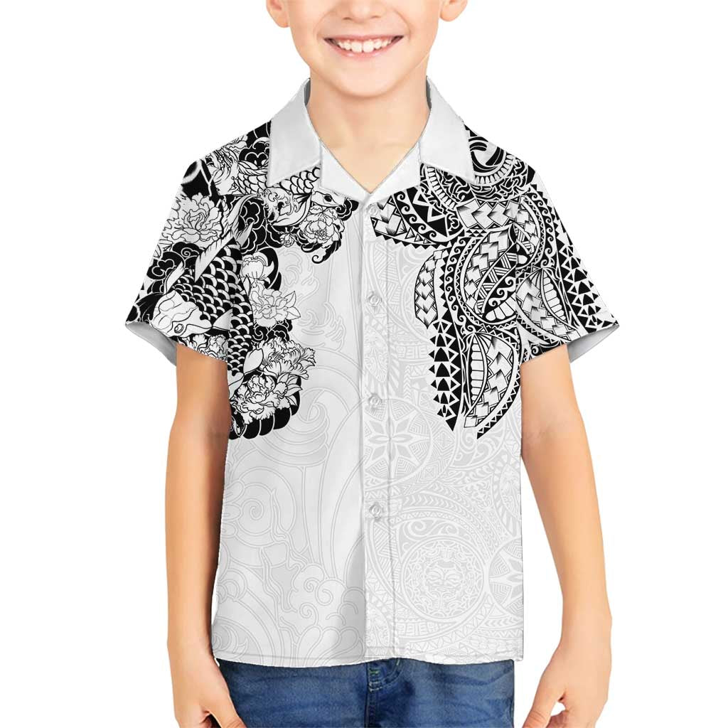 Japanese Irezumi and Hawaiian Polynesian Art Tattoo Family Matching Off Shoulder Short Dress and Hawaiian Shirt White Color - Polynesian Pride