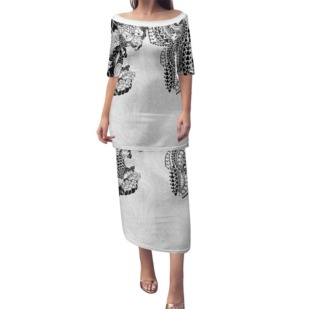 Japanese Irezumi and Hawaiian Polynesian Art Tattoo Family Matching Puletasi and Hawaiian Shirt White Color - Polynesian Pride