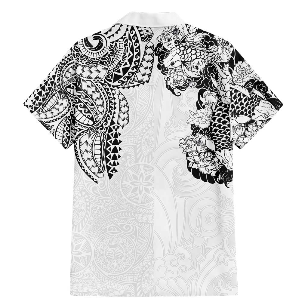 Japanese Irezumi and Hawaiian Polynesian Art Tattoo Family Matching Short Sleeve Bodycon Dress and Hawaiian Shirt White Color - Polynesian Pride