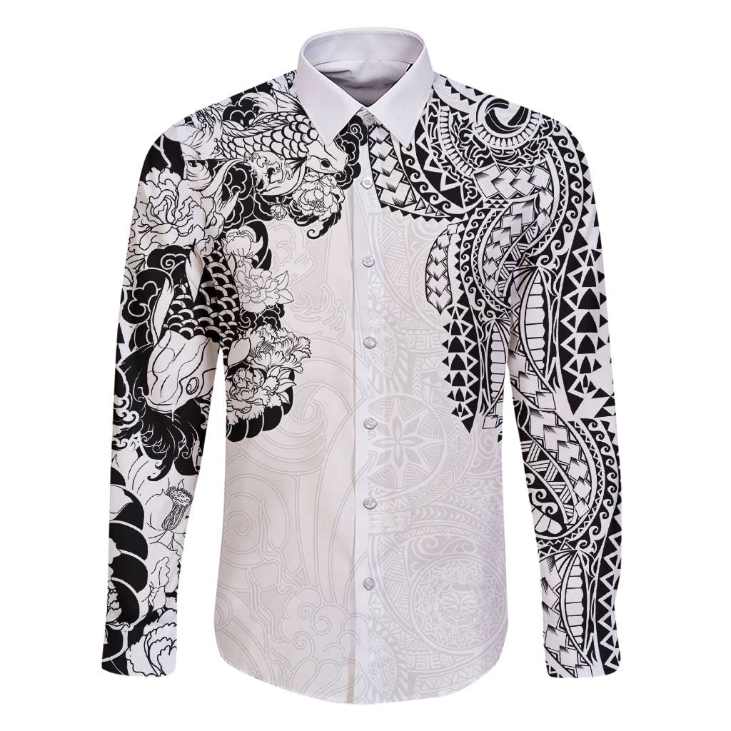 Japanese Irezumi and Hawaiian Polynesian Art Tattoo Family Matching Short Sleeve Bodycon Dress and Hawaiian Shirt White Color - Polynesian Pride