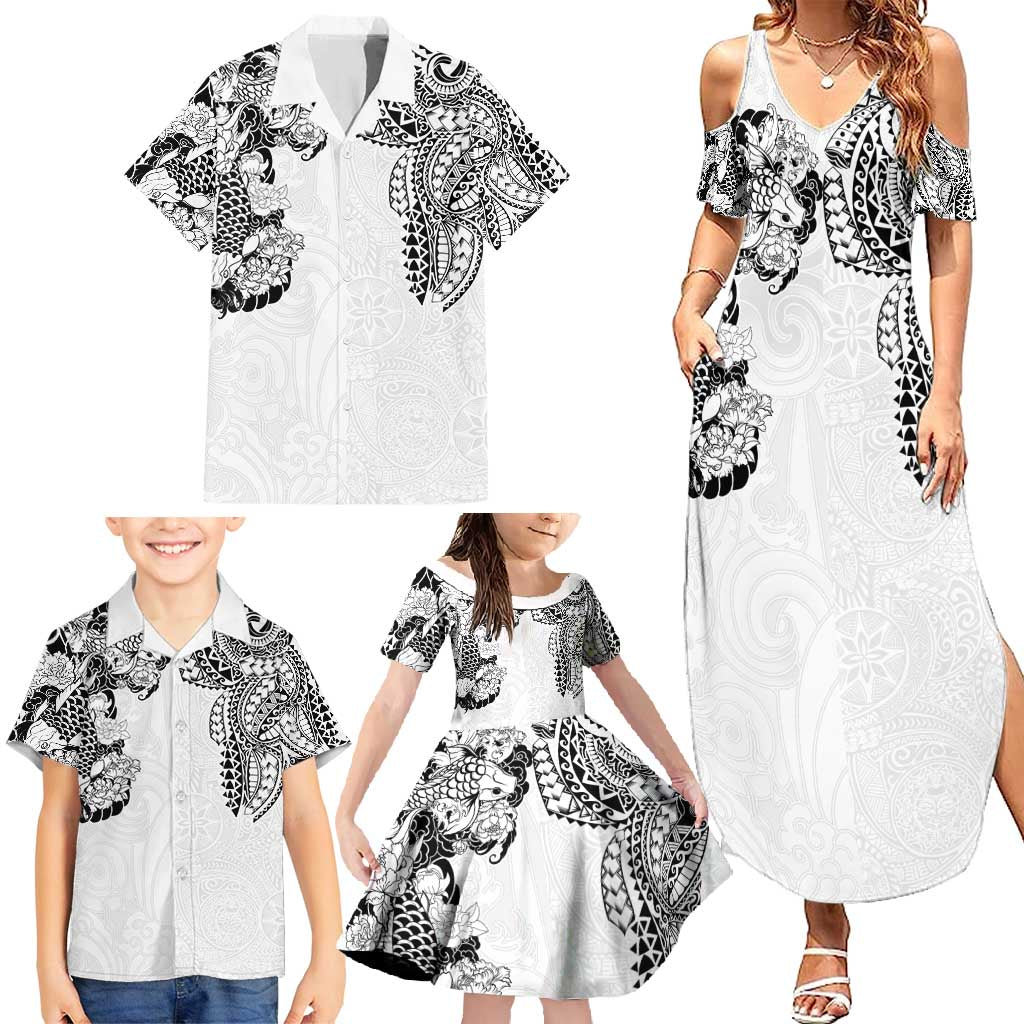 Japanese Irezumi and Hawaiian Polynesian Art Tattoo Family Matching Summer Maxi Dress and Hawaiian Shirt White Color - Polynesian Pride