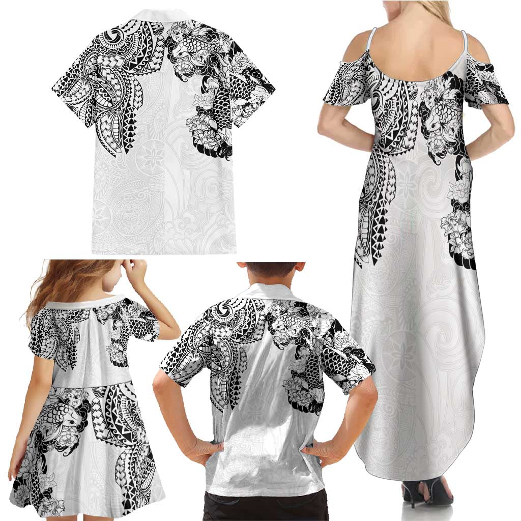 Japanese Irezumi and Hawaiian Polynesian Art Tattoo Family Matching Summer Maxi Dress and Hawaiian Shirt White Color - Polynesian Pride
