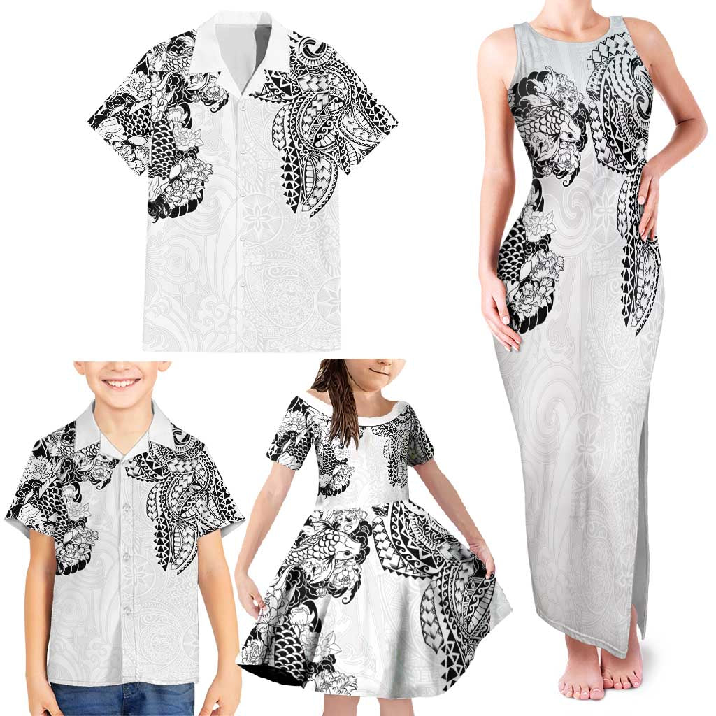 Japanese Irezumi and Hawaiian Polynesian Art Tattoo Family Matching Tank Maxi Dress and Hawaiian Shirt White Color - Polynesian Pride