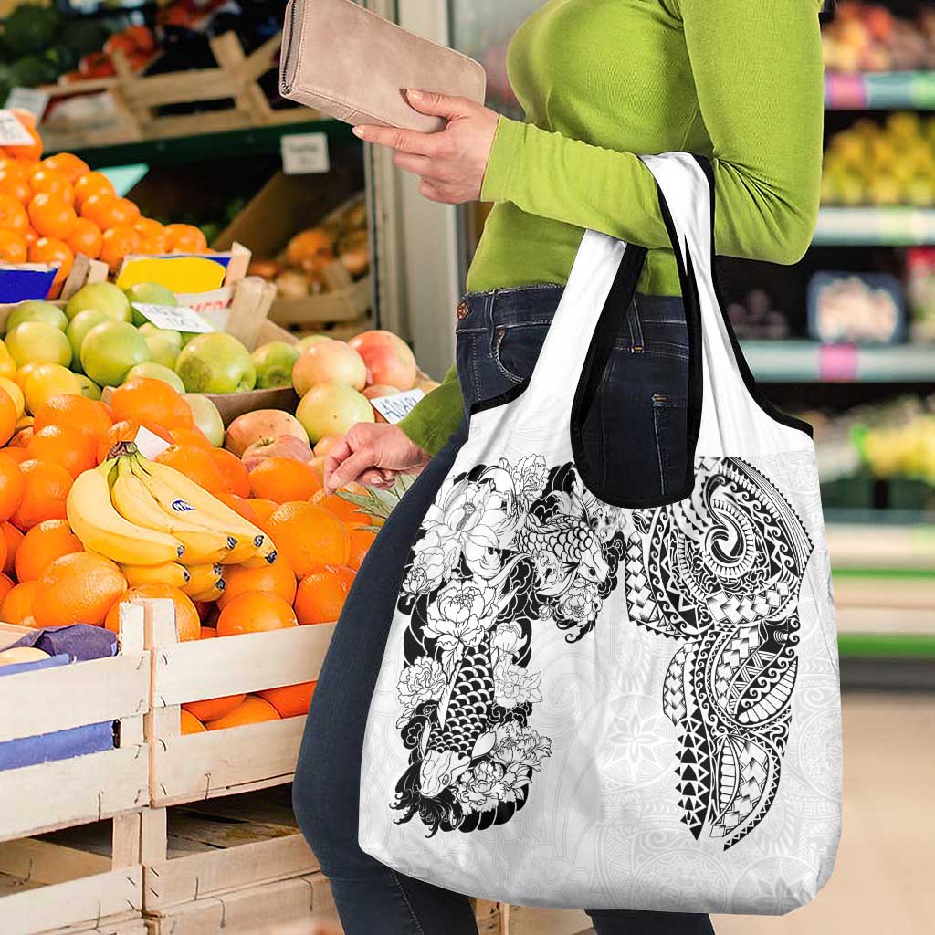 Japanese Irezumi and Hawaiian Polynesian Art Tattoo Grocery Bag White Color - Polynesian Pride