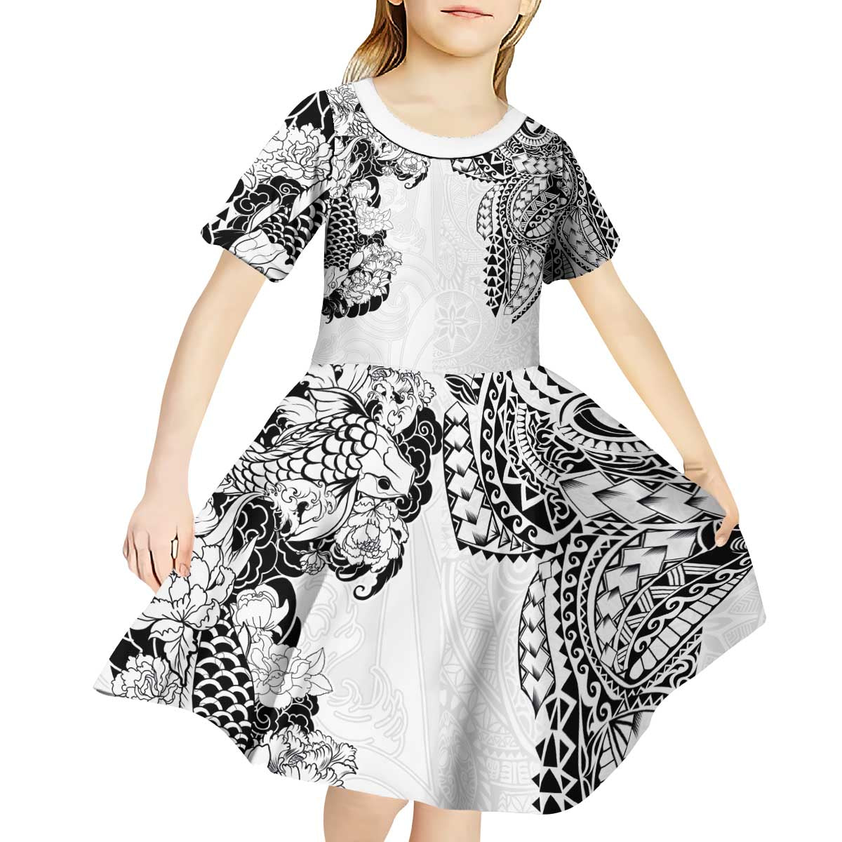 Japanese Irezumi and Hawaiian Polynesian Art Tattoo Kid Short Sleeve Dress White Color - Polynesian Pride