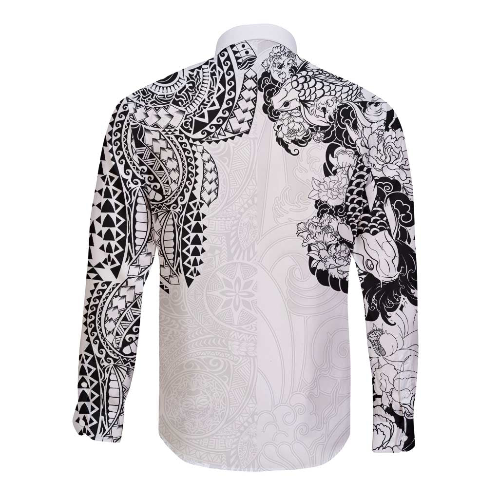 Japanese Irezumi and Hawaiian Polynesian Art Tattoo Long Sleeve Button Shirt White Color - Polynesian Pride