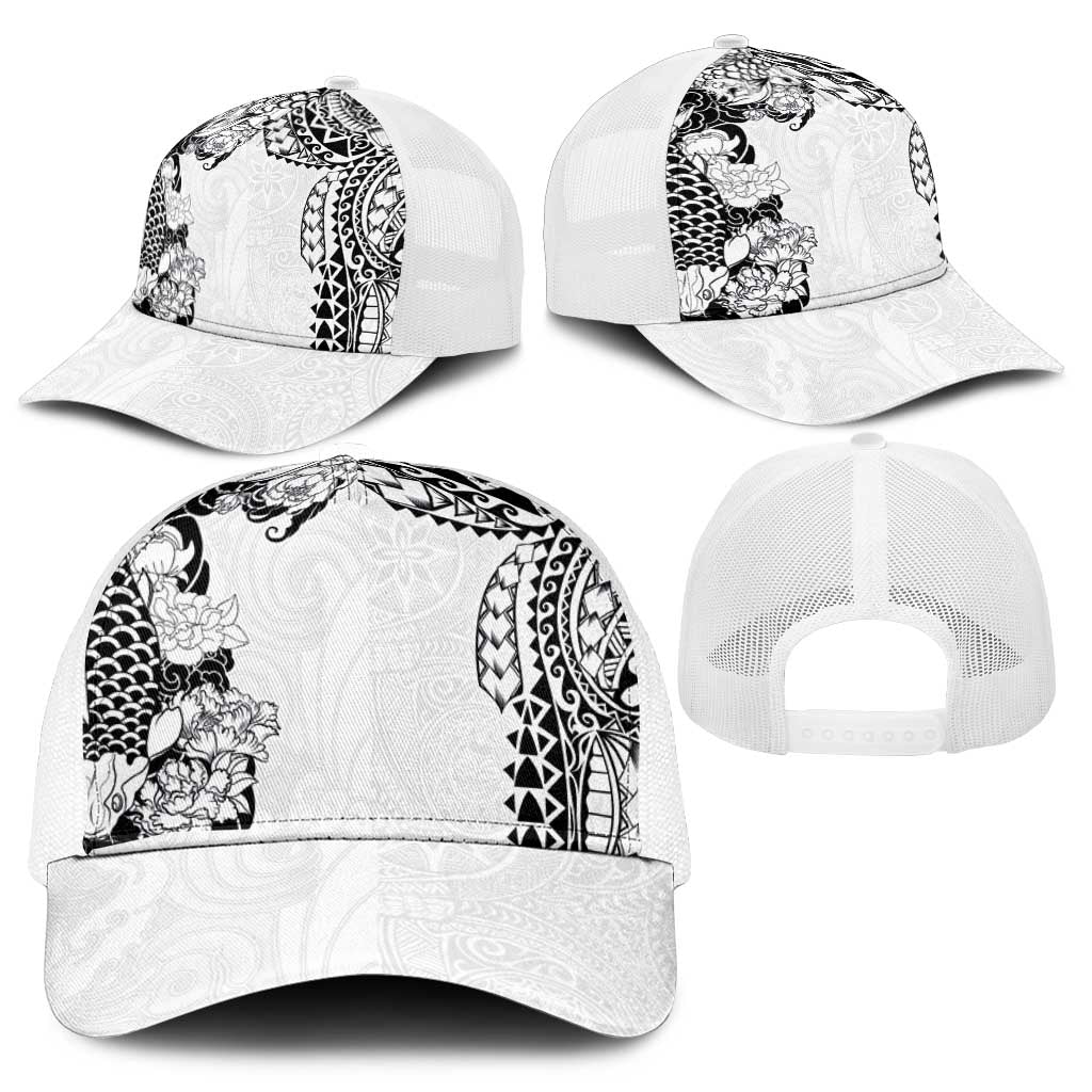 Japanese Irezumi and Hawaiian Polynesian Art Tattoo Mesh Trucker Cap White Color - Polynesian Pride