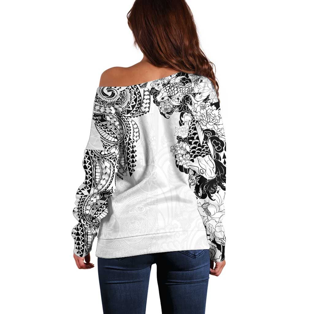 Japanese Irezumi and Hawaiian Polynesian Art Tattoo Off Shoulder Sweater White Color - Polynesian Pride