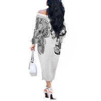 Japanese Irezumi and Hawaiian Polynesian Art Tattoo Off The Shoulder Long Sleeve Dress White Color - Polynesian Pride