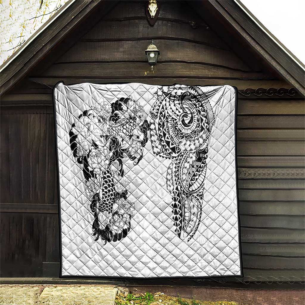 Japanese Irezumi and Hawaiian Polynesian Art Tattoo Quilt White Color - Polynesian Pride